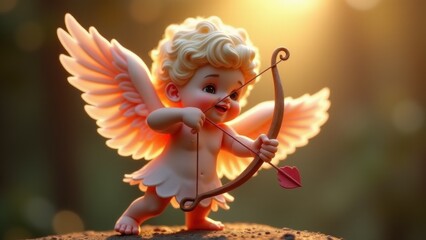 Fototapeta premium A small cupid statue holding a bow, glowing softly under warm golden light