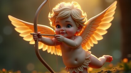 Fototapeta premium A playful cupid aiming a bow, glowing softly in warm golden light with charming details