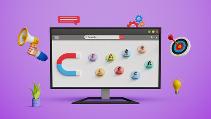 Digital marketing and customer engagement concept. Ads, audience outreach, attract audience, discount offers, business marketing strategy. 3D magnet attracting audience on a computer screen