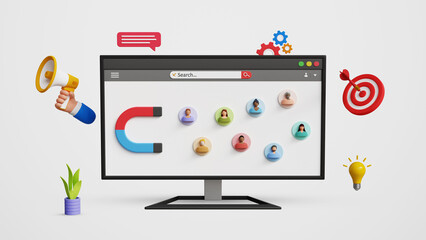 Customer acquisition and retention concept. CAC, advertising, lead generation, promotion, targeted marketing concept. 3D computer screen with magnet attracting customers