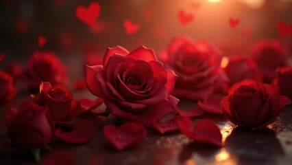 A close-up of red roses with soft glowing petals, symbolizing love and romance