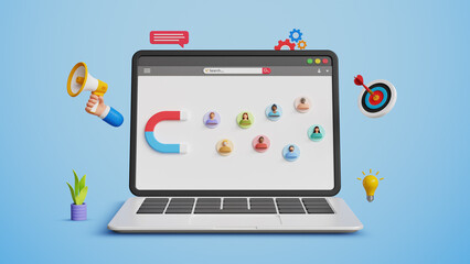 Customer acquisition concept. Business lead, Inbound marketing, customer retention. 3D magnet attract audience on a laptop screen