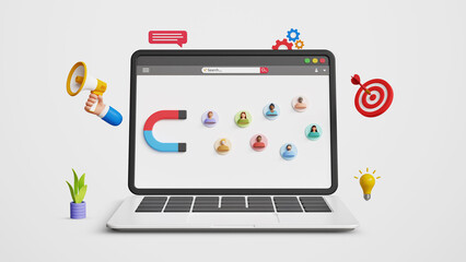 Customer acquisition and retention concept. CAC, advertising, lead generation, promotion, targeted marketing concept. 3D laptop screen with magnet attracting customers