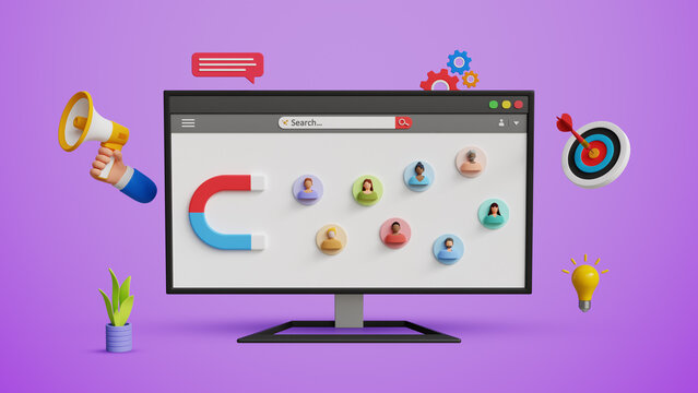 Digital marketing and customer engagement concept. Ads, audience outreach, attract audience, discount offers, business marketing strategy. 3D magnet attracting audience on a computer screen