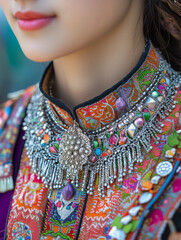 Obraz premium Hmong New Year: vibrant attire and intricate silver ornaments