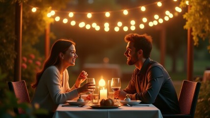 A couple enjoying a romantic dinner outdoors under glowing string lights, sharing smiles..