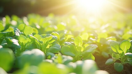 Bright Sunlight Over Fresh Green Plants in a Vegetable Garden