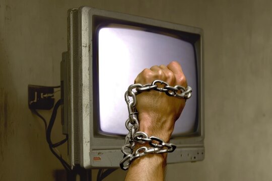 A person is physically restrained and stuck to a television, highlighting the issue of being held captive by technology