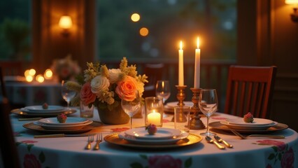 A beautifully set dinner table with candles, wine glasses, and floral decorations, creating a romantic atmosphere..
