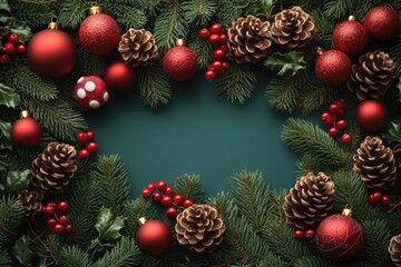 A festive Christmas decoration featuring pine cones, red balls, and greenery