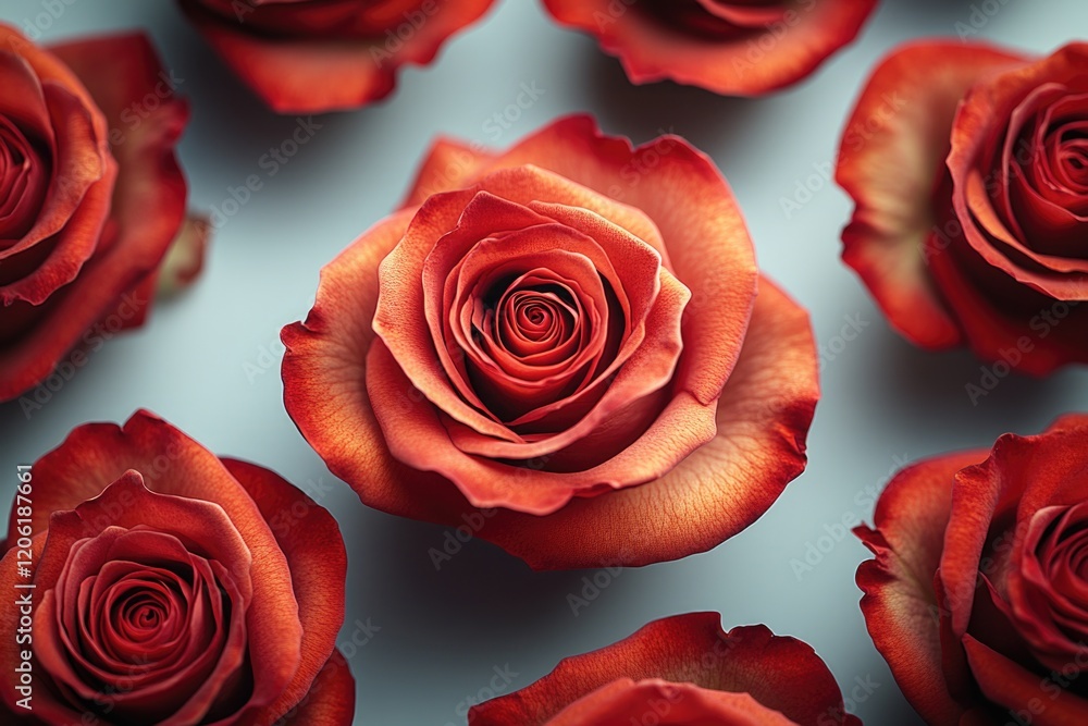 Poster fresh red roses arranged on a table with a simple background