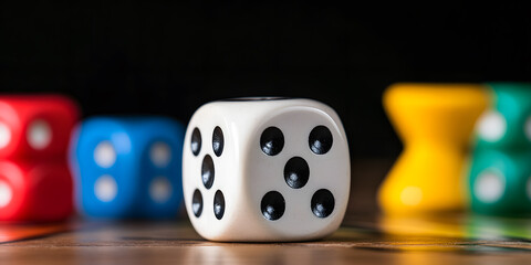 Close-up of a white die with black pips, showing five, with blurred colorful dice in the background on a wooden surface.