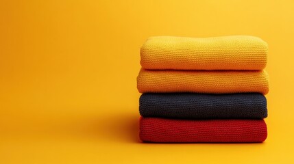 Stack of Colorful Soft Knitted Sweaters on Vibrant Yellow Background