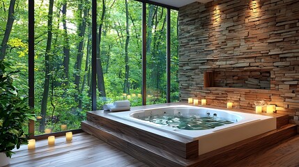 Forest view spa jacuzzi relaxation tranquility candles