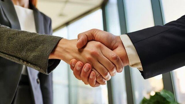 close up of male and female professionals shaking hands and agreement on deal in office