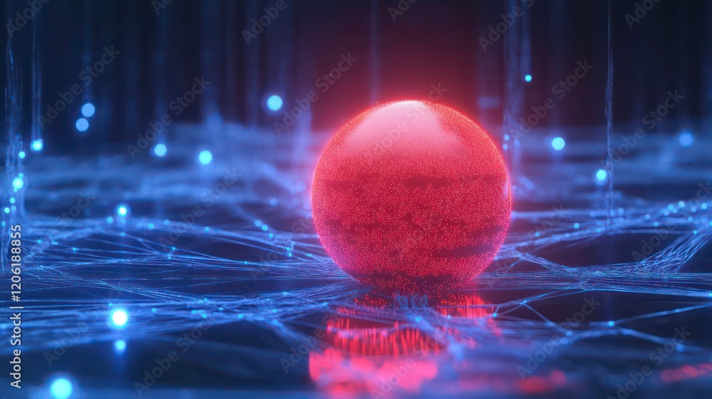 Poster Glowing red sphere on a network of blue lines and points.