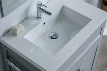 Fototapeta premium A standard bathroom sink with a soap dispenser next to it, suitable for various uses