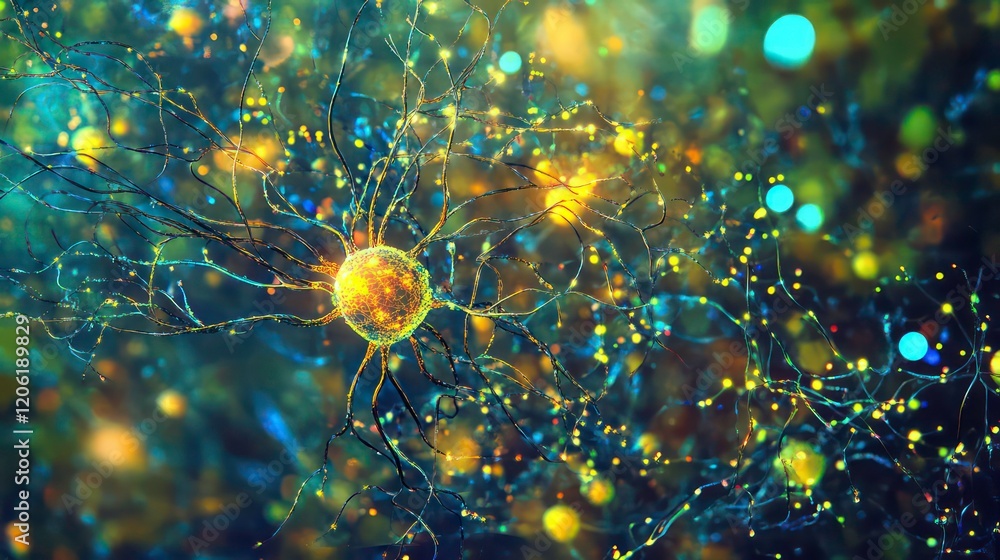 Poster microscopic view of vibrant neuron cells with glowing connections.