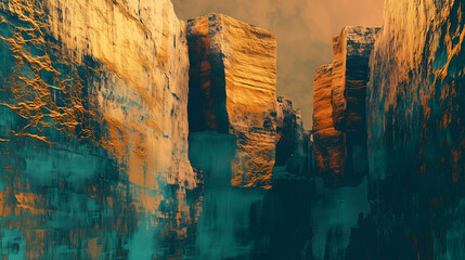 Layered mountain background with blue and gold accents. Resin art background.