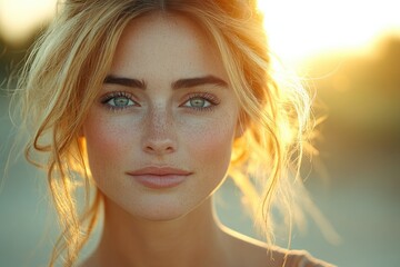 Close-up portrait of a woman with freckles on her face