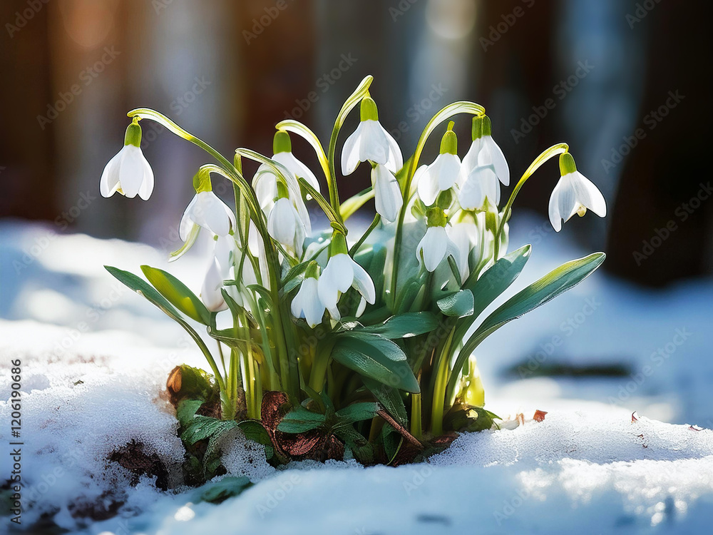 Wall mural A snowdrop sprouting through the snow symbolizes the arrival of spring and the renewal of nature after a cold winter.