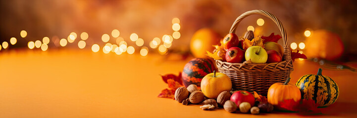 Autumn Harvest Apples Pumpkins Nuts in Basket Thanksgiving