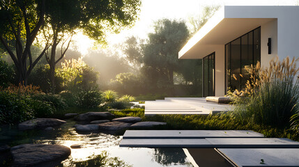 Serene garden view with modern architecture.