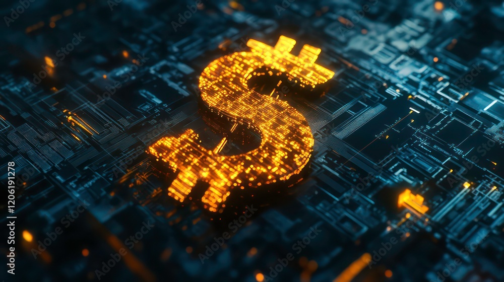 Poster glowing dollar sign symbol on a circuit board.