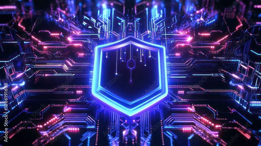 Poster glowing shield cybersecurity digital technology concept.