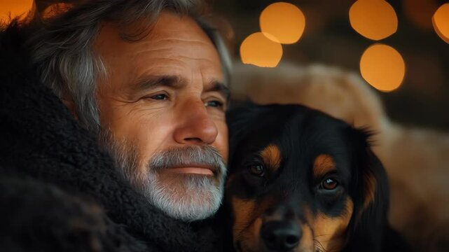 Senior bearded man with gray hair smiling sitting with beloved dog, face close up against warm golden bokeh background. Concept of friendship, companionship and unconditional love