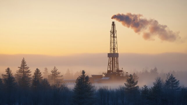 Industrial Oil Rig Silhouette Against Beautiful Winter Sunset Sky