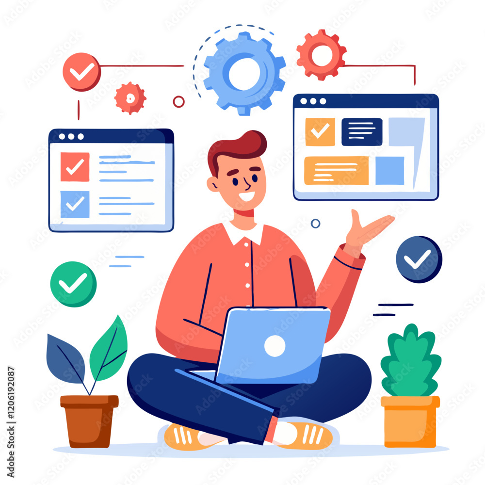 Poster a software tester is engaged in quality assurance, checking various devices and monitoring performan