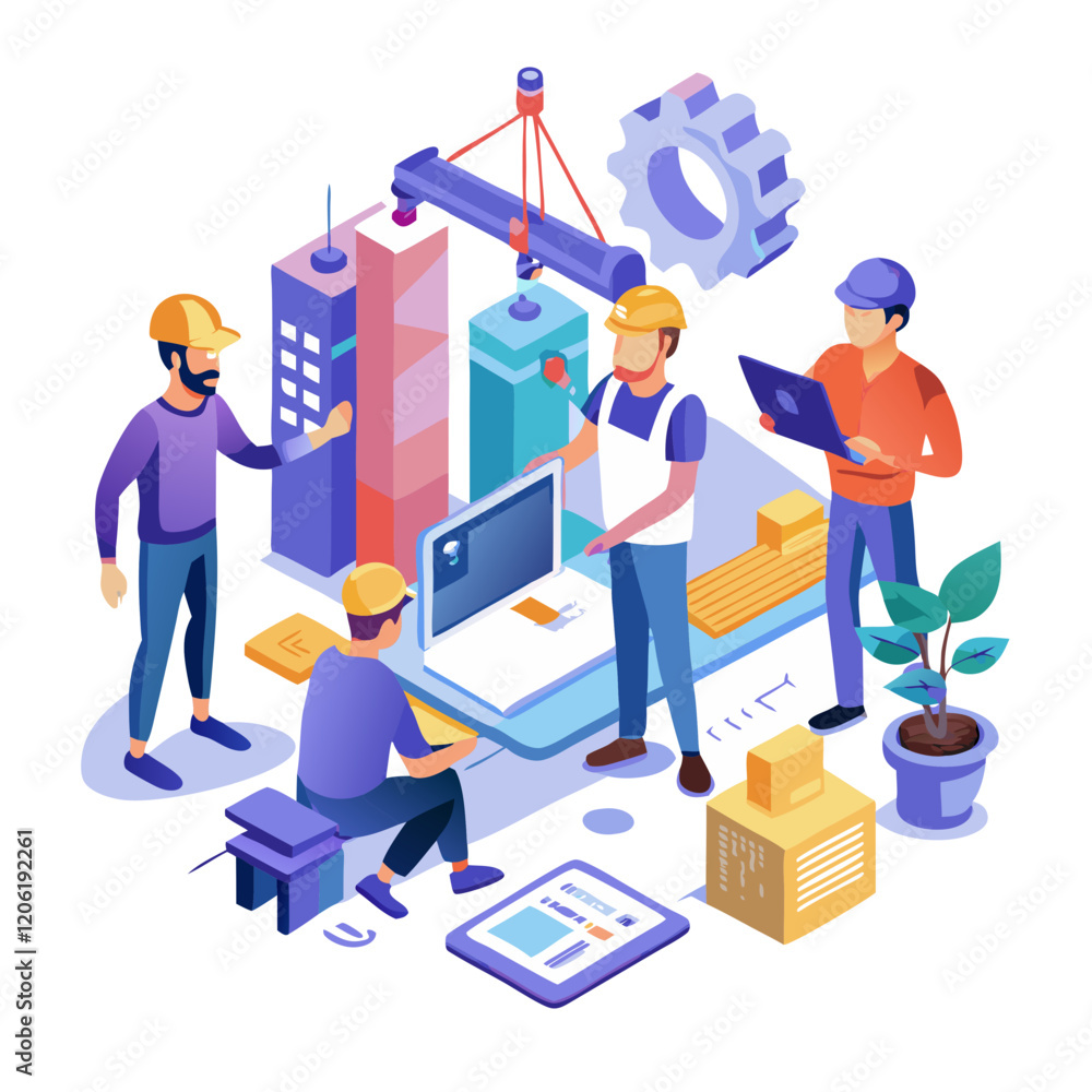 Poster group of construction professionals examines models and data in a modern workspace. they engage in d