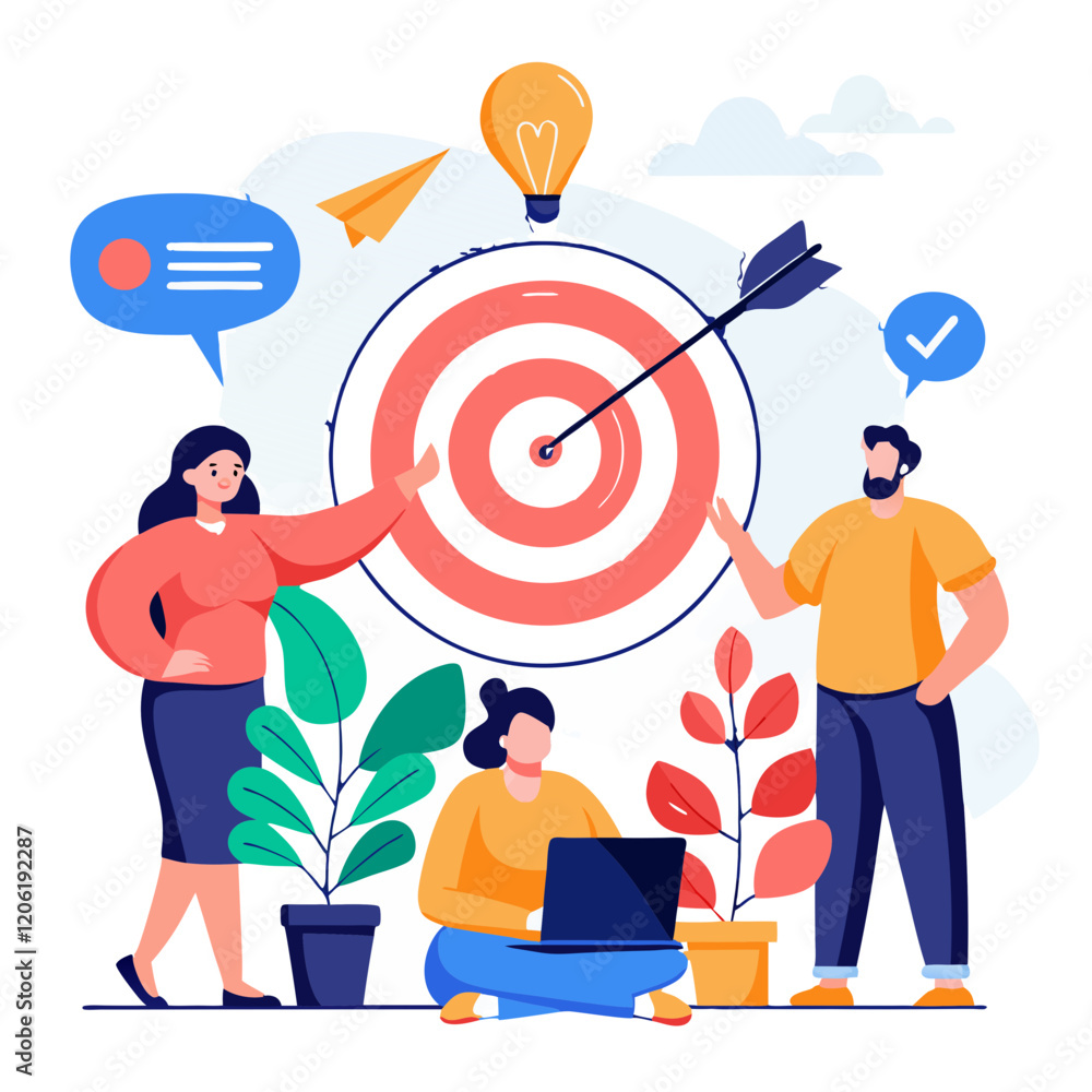 Aufkleber in a bright and modern workspace, a diverse team discusses strategies while focusing on a target boa