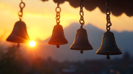 Obraz premium Three Bells Silhouetted Against a Sunset Sky