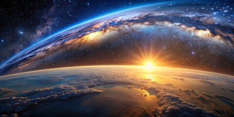 Fototapeta premium A breathtaking perspective of Earth as the sun rises beyond the horizon, illuminating clouds while a vibrant galaxy sparkles in the background, showcasing the beauty of the universe