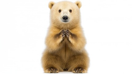 Obraz premium Cute Baby Bear Sitting with Hands Together on White Background