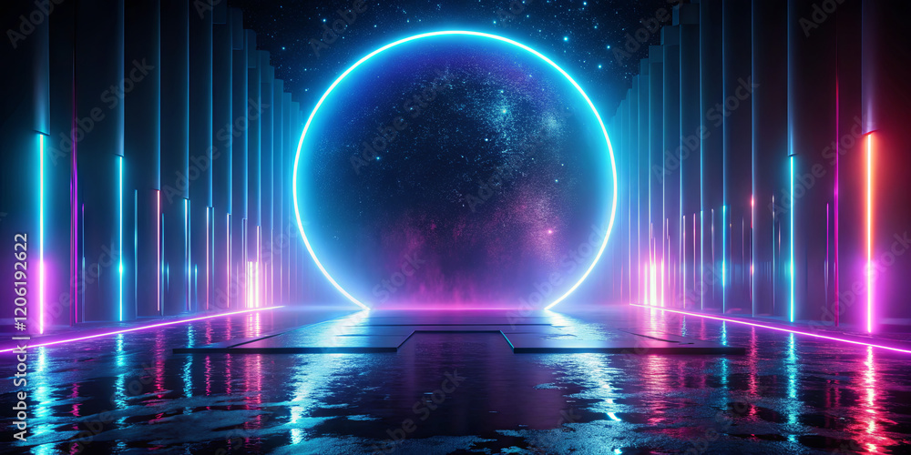 Poster a futuristic setting features a glowing circular light at the end of a neon-lit tunnel. the floor re