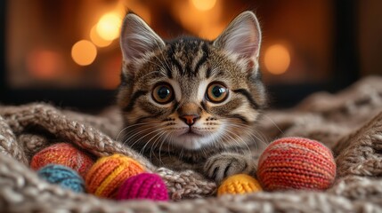 A cute and playful kitten with big expressive eyes sitting on a blanket. Kitty on a blanket with soft toys.