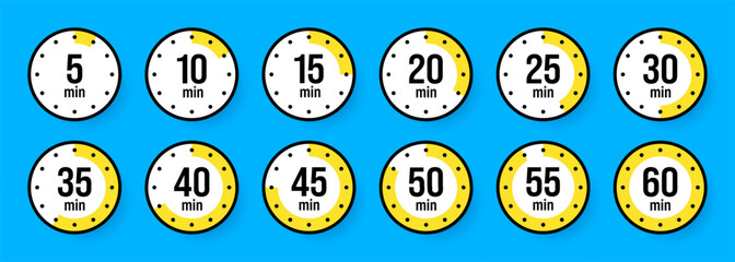 Stopwatch icons. Colorful simple chronometer, time counter with dial. Countdown timer showing hours and minutes. Deadline, measurement for sport. Cooking time label, sticker. Vector illustration