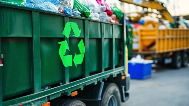 A busy waste management site shows collection trucks organized for recycling operations, promoting environmental sustainability