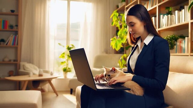 Young Woman Working on Laptop with Cat on Her Lap