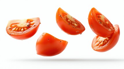 Fresh Red Tomato Slices Floating in Midair on a Bright Background