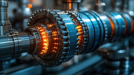 Fototapeta premium Close-up of industrial machinery showcasing gears and mechanical components with glowing elements.