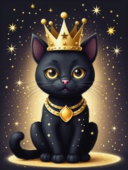 Fototapeta premium An illustration of a black cat wearing a crown and a gold pendant against a starry background