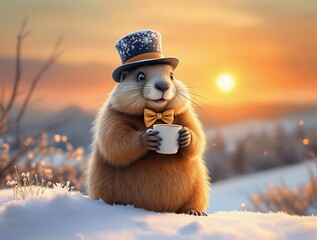 happy groundhog silk hat, bow tie, snowy hill, hot cocoa, warm glowing sunset, festive wildlife poster, royalty free