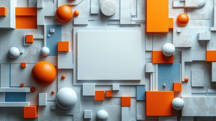 Abstract Geometric Composition:  Orange and White 3D Shapes on a Grey Background