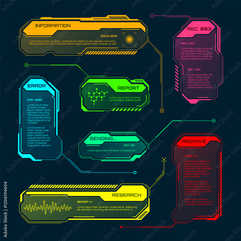 Poster futuristic hud or ui elements. sci-fi user interface text boxes, callouts. colorful warning message 