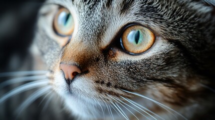 A detailed close-up captures a cat’s reflective and captivating eyes, showcasing intricate patterns in its fur and the intense focus in its gaze, piquing curiosity.