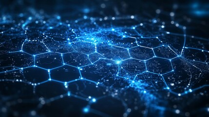 A sleek digital interface depicting a network of glowing hexagonal patterns against a dark background, illustrating connectivity, technology, and futuristic design concepts.